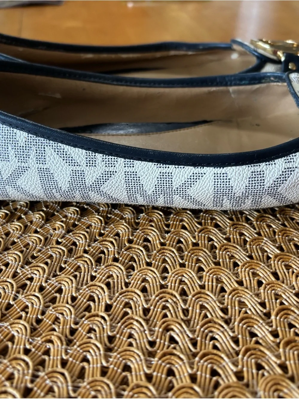 Michael Kors White and Navy Logo Leather Trim Flats